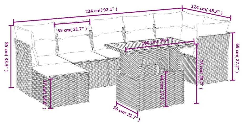Set divani da giardino con cuscini 8 pz nero in polyrattan