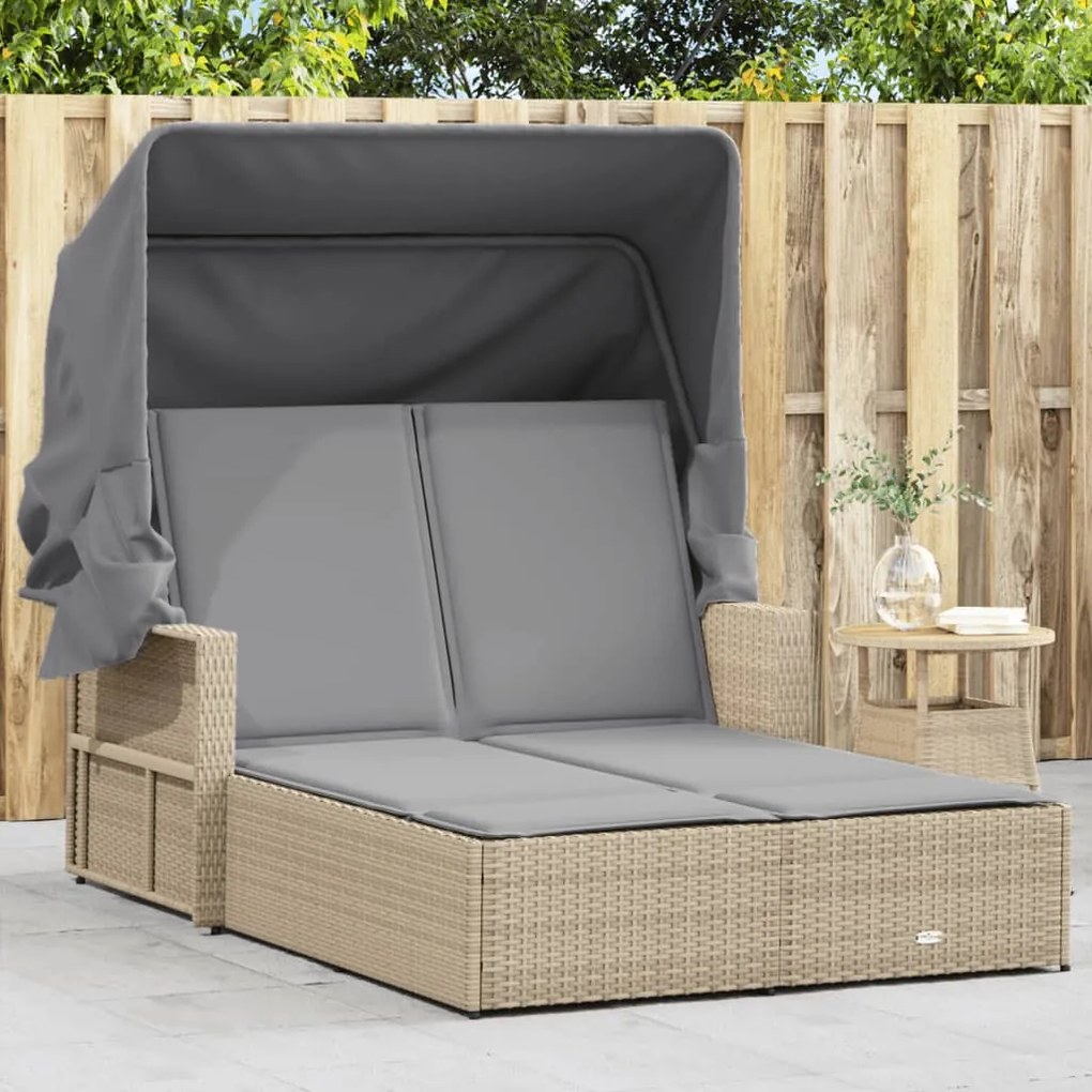 Lettino Doppio Con Baldacchino E Cuscini Beige Misto Polyrattan /