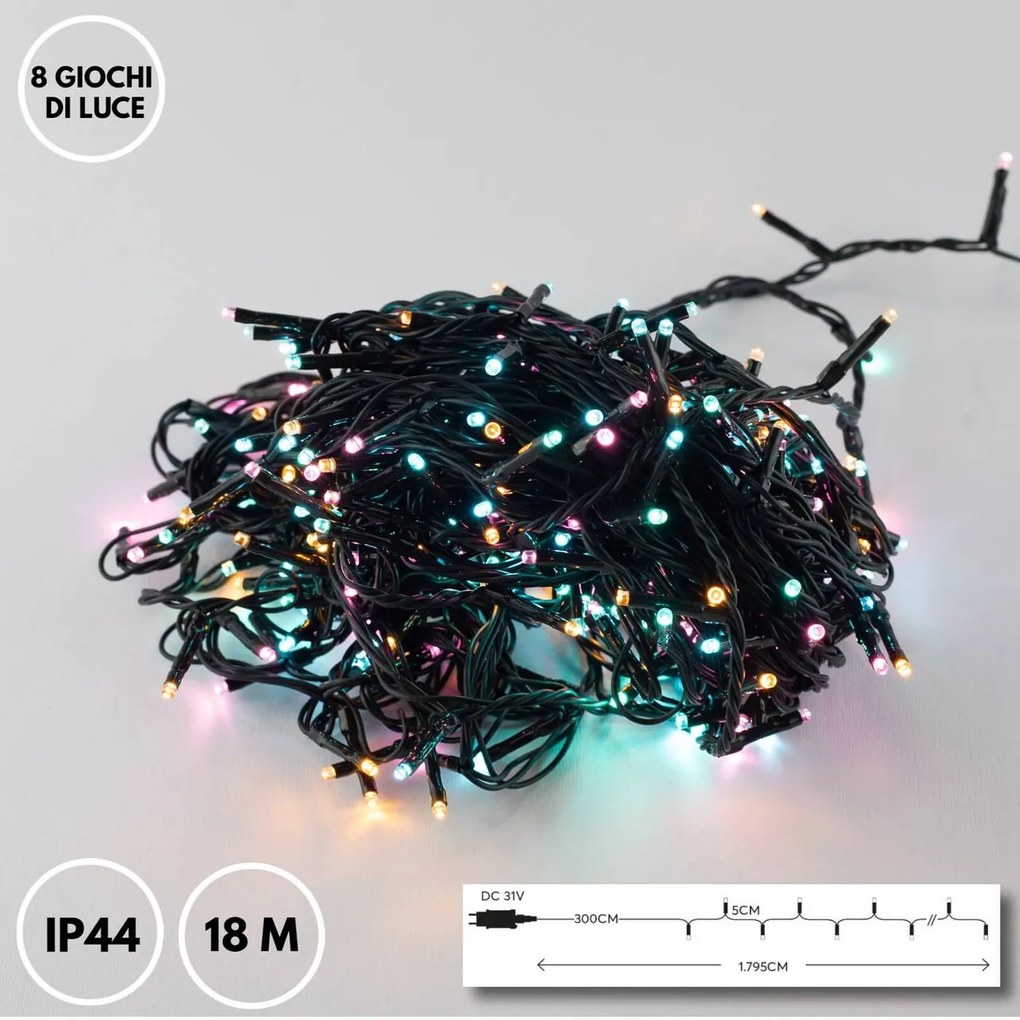 Catenaria Natalizia LED 8 GIOCHI DI LUCE 18m Cavo VERDE IP44 MULTI OPAL Colore Multicolor