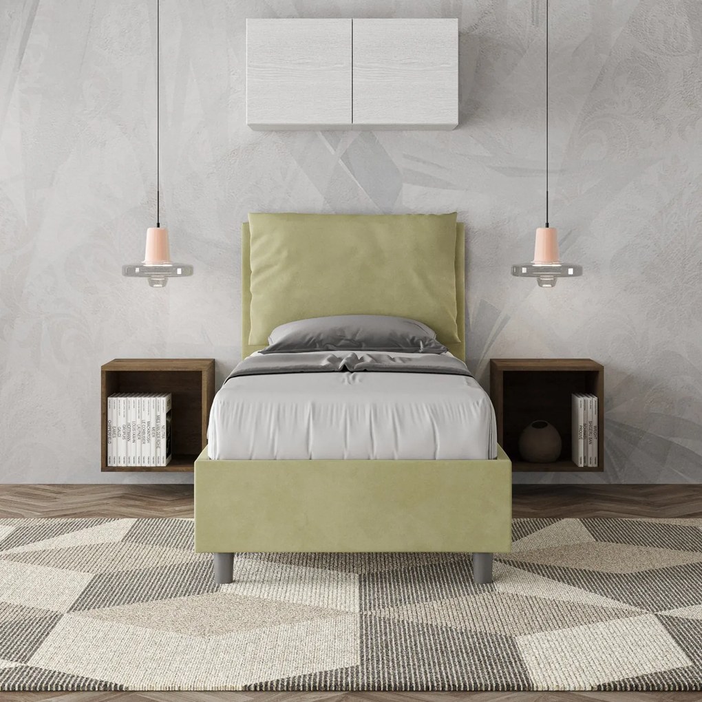 Letto singolo imbottito 80x200 microfibra Antea senza rete, con rete e contenitore, Tè Verde / Contenitore