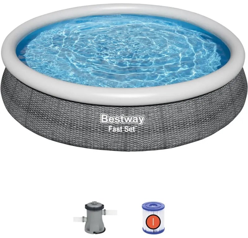 Bestway - Piscina per Bambini Fast Set Stampa Effetto Rattan Ø366x76 cm con Pompa Filtro a Cartuccia 1.249 l/h