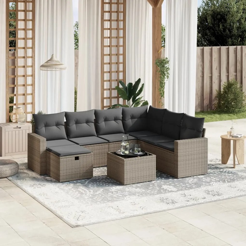 Set divano da giardino 8 pz con cuscini grigio in polyrattan