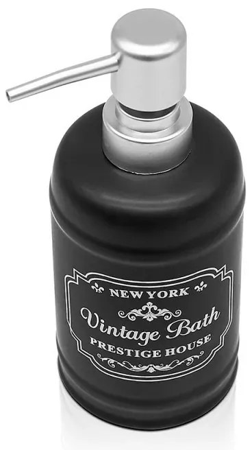 Dispenser sapone in ceramica nera con stampe a contrasto bianche stile vintage