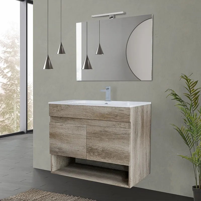 Mobile bagno sospeso 80 cm 2 ante serie Oasi rovere con specchio e lavabo