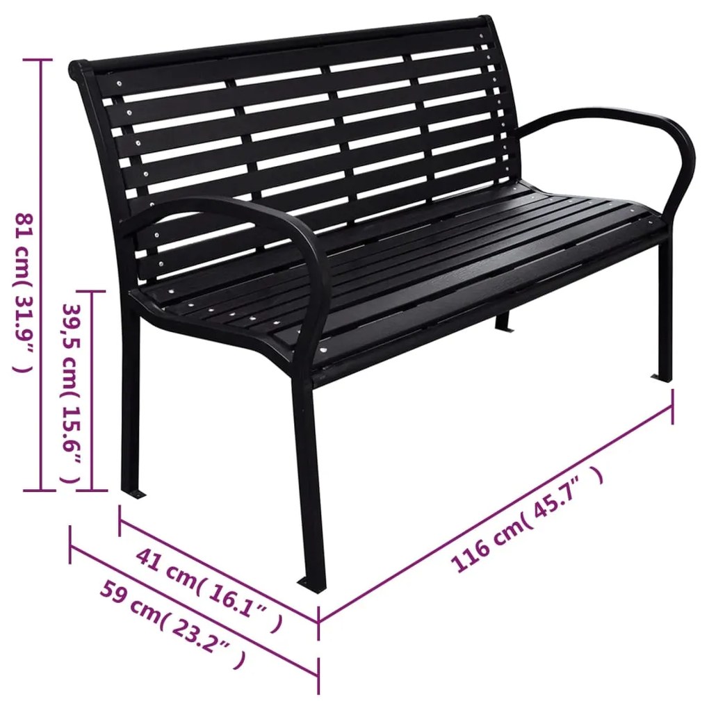 Panca da giardino nera 116 cm acciaio e wpc