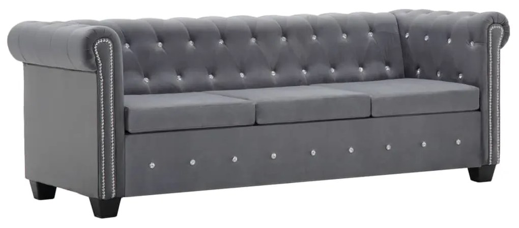 Divano Chesterfield A 3 Posti İn Velluto 199x75x72 Cm Grigio /