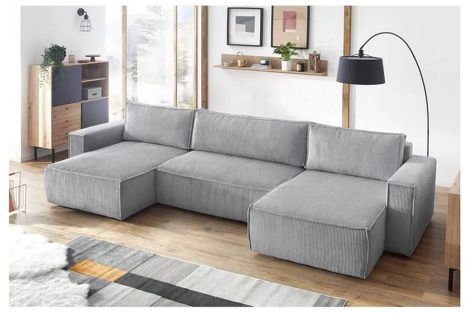 Divano letto angolare a "U" in velluto a coste grigio chiaro Nihad - Bobochic Paris