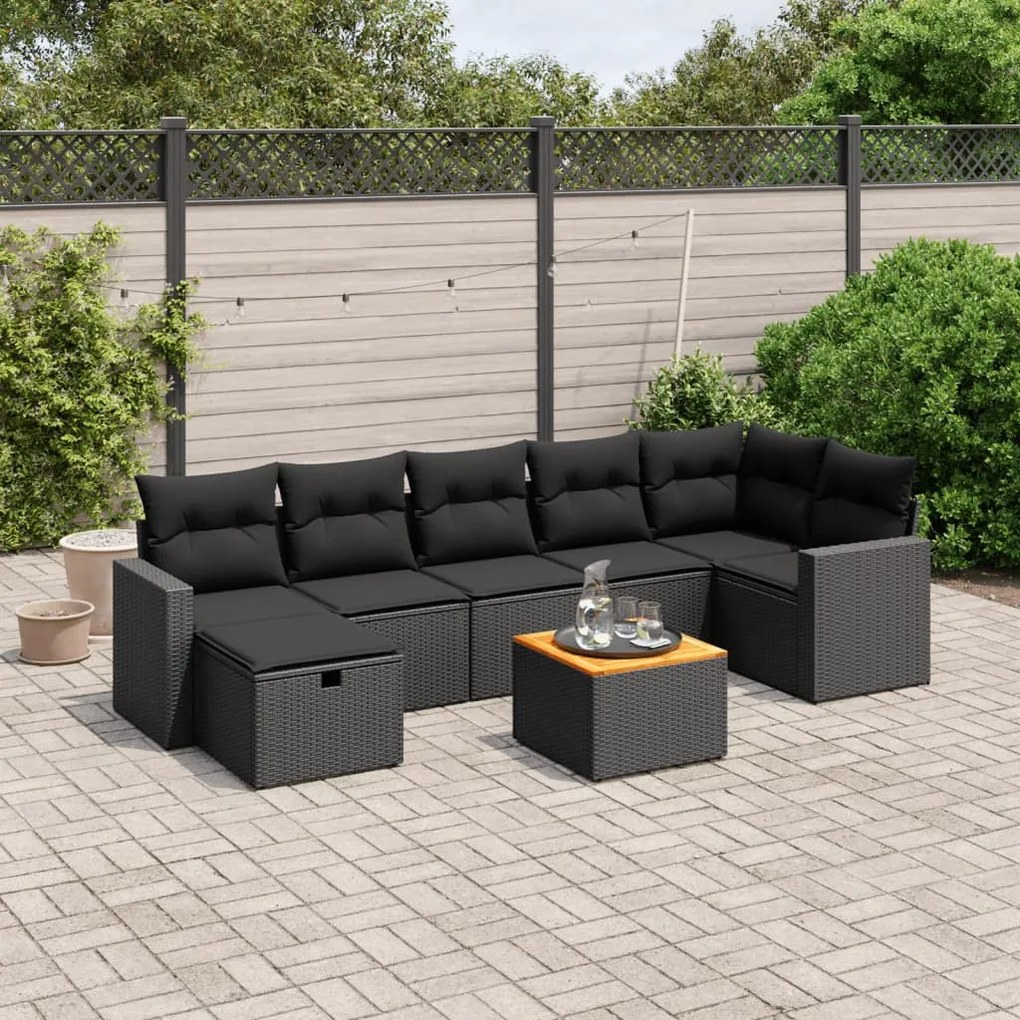 Set Divani da Giardino con Cuscini 8 pz Nero in Polyrattan