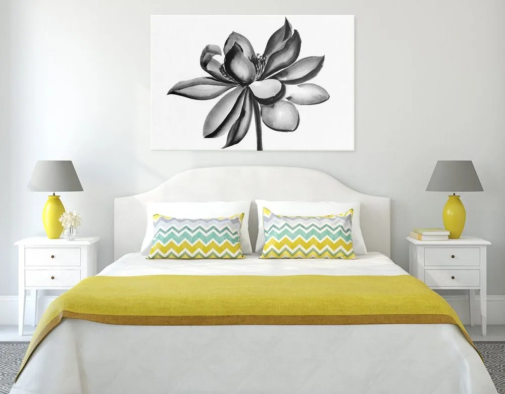 Quadro su tela – Fiore di loto acquerellato in bianco e nero