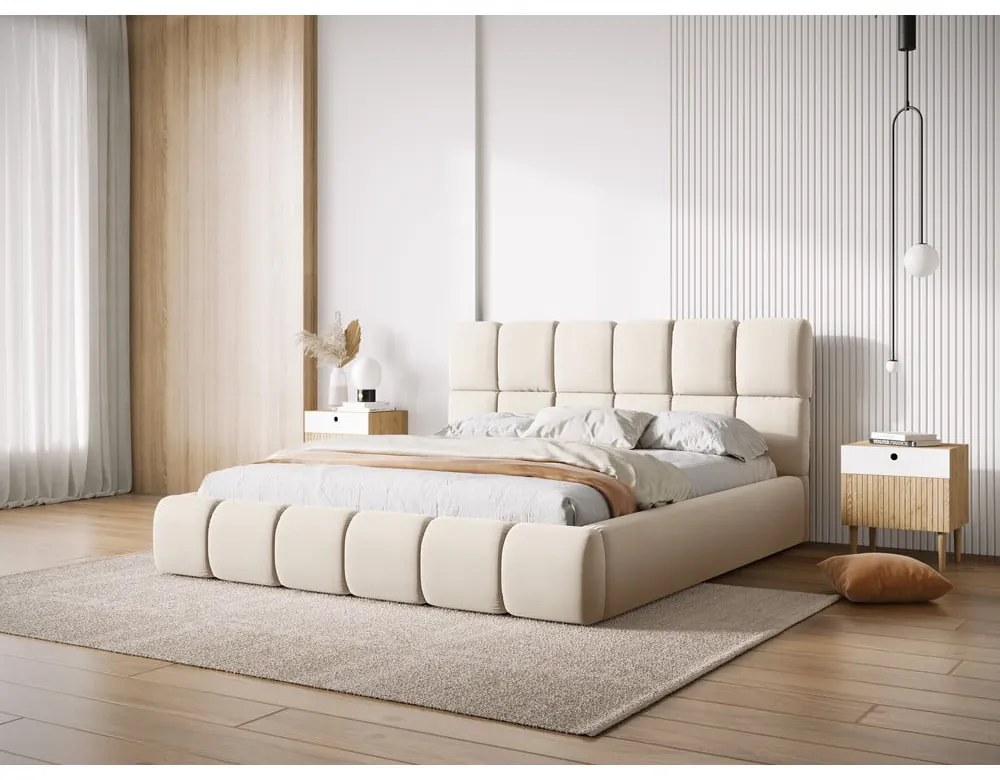Letto matrimoniale imbottito color crema in velluto con contenitore con rete inclusa 140x200 cm Bellis – Micadoni