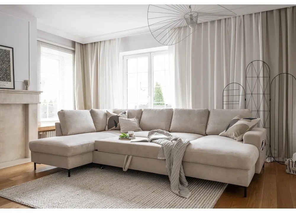 Divano letto in velluto a coste beige (angolo sinistro) Lofty Lilly - Miuform