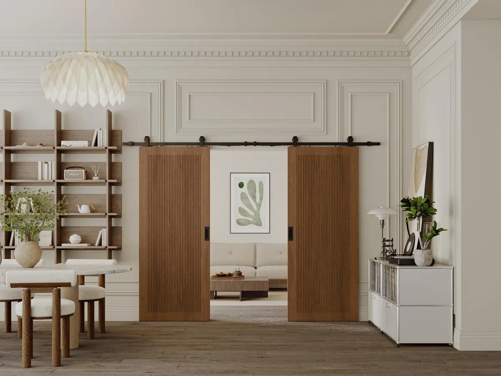 Porta scorrevole doppia con sistema esterno muro 2 x H205 x L93 cm in MDF e Legno Naturale scuro - SANDORA