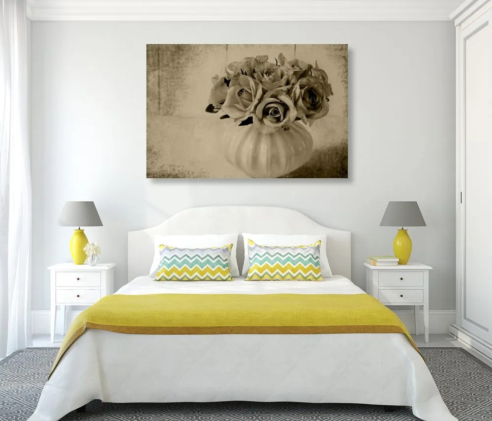 Quadro su tela – Rose nel vaso in versione seppia