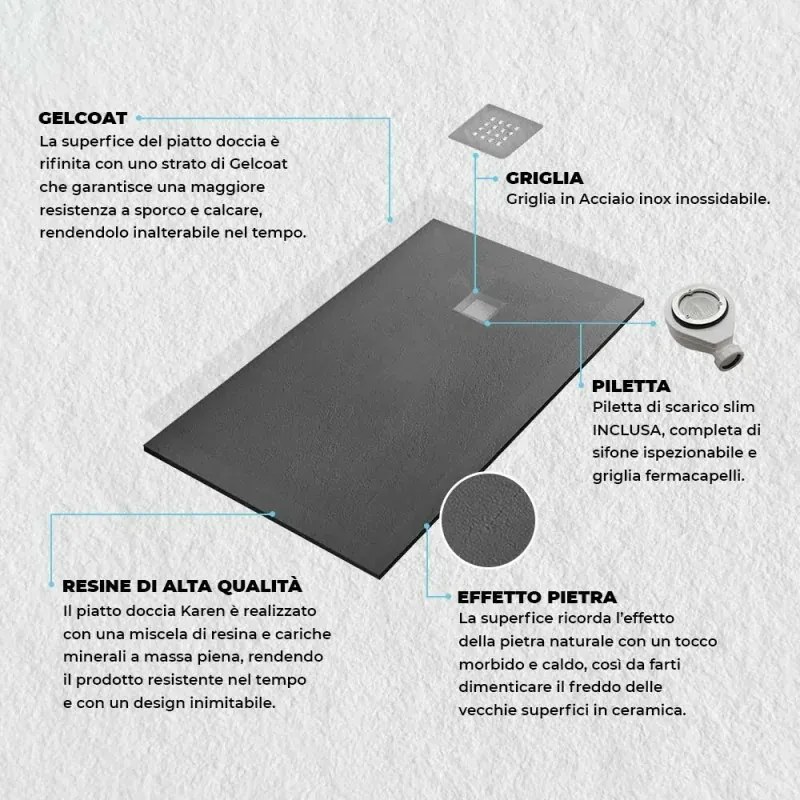 Piatto doccia 70x120 cm antracite effetto pietra in resina riducibile Karen