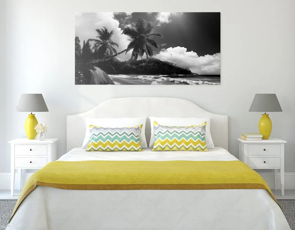 Quadro su tela – Spiaggia stupenda sull'isola delle Seychelles in bianco e nero