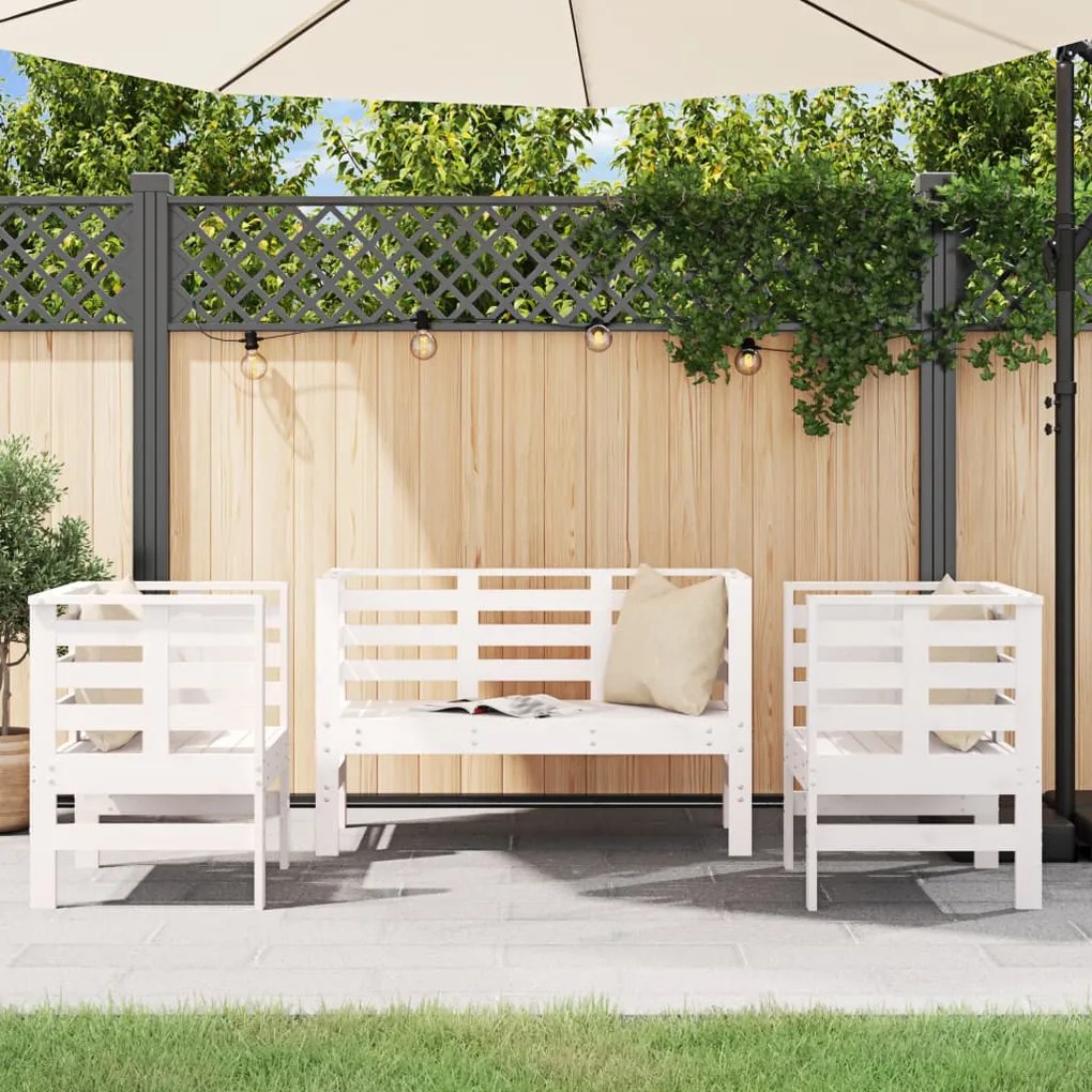 Set salotto da giardino 3 pz bianco in legno massello di pino