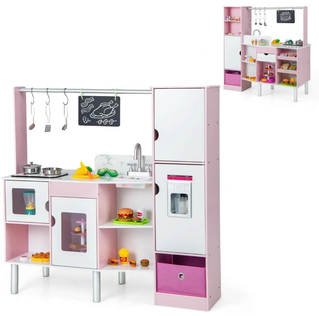 Costway Cucina e mercato per bambini 2 in 1, Cucina a doppia faccia con luci e suoni produttore di ghiaccio interattivo Rosa