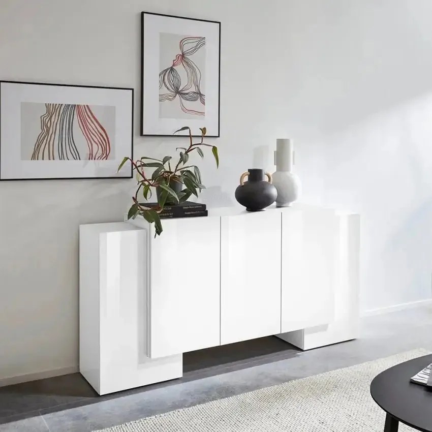 Credenza Moderna Pillon con 2+3 Ante Battenti in Bianco Lucido