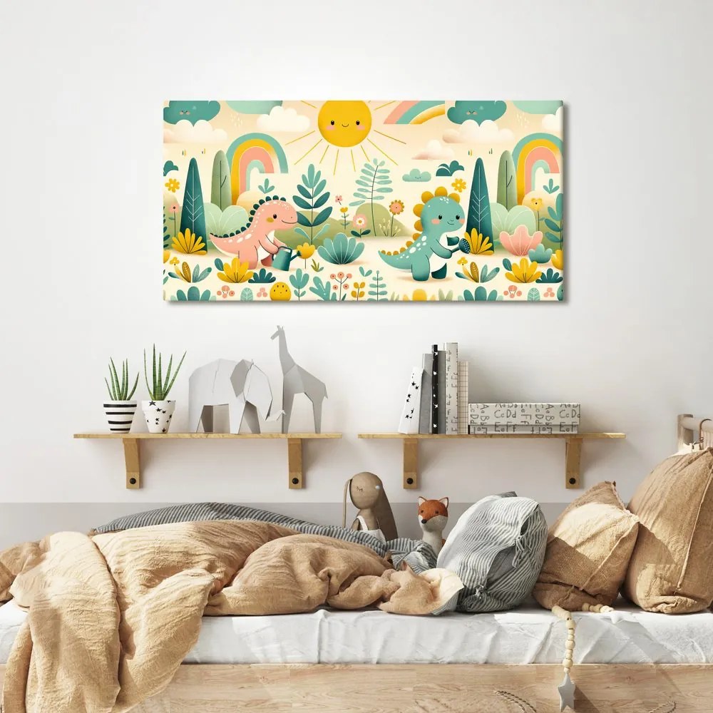 Quadro su tela – Amici dinosauri in giardino colorato