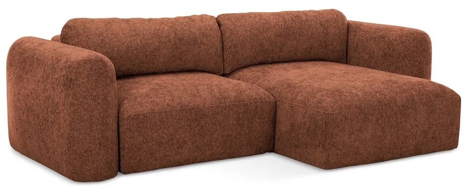 Divano angolare color terracotta allungabile/con contenitore (con penisola a destra/con chaise lounge) con rivestimento in ciniglia Mele – Makamii