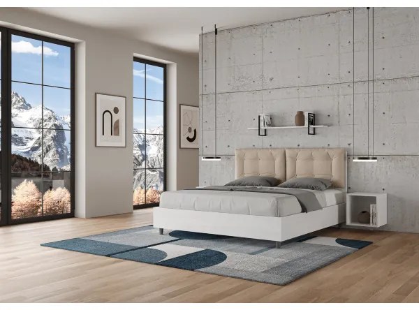 Letto matrimoniale contenitore 160x190 bianco frassino cuscini similpelle tortora Egos Annalisa