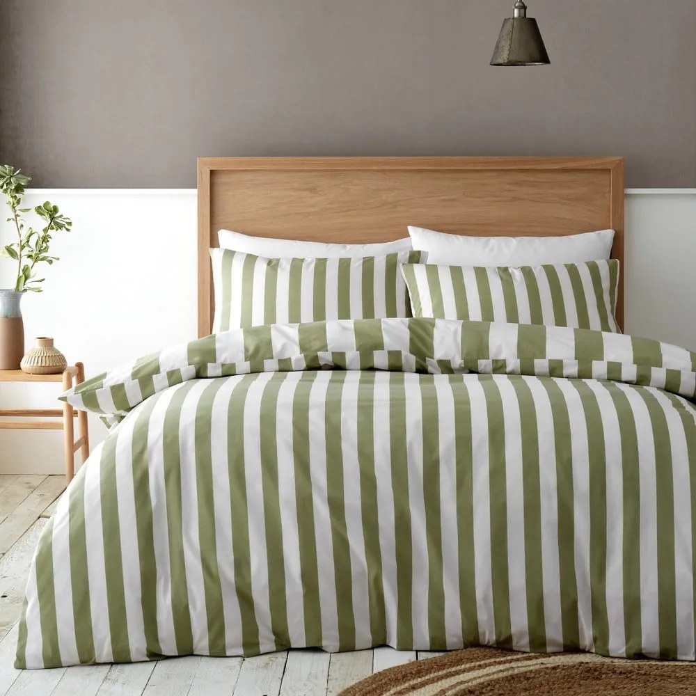 Biancheria da letto matrimoniale verde e crema 200x200 cm Cove Stripe - Catherine Lansfield