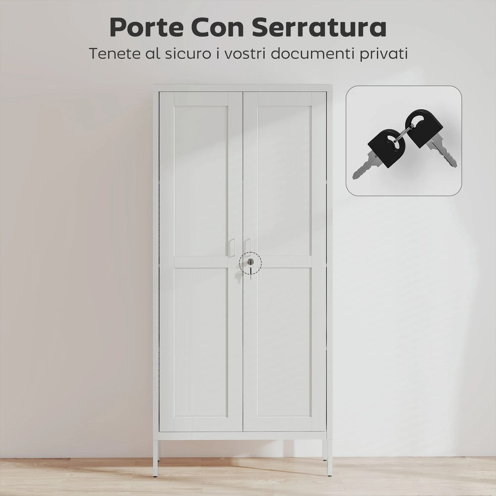 Armadio per Ufficio 80x40x175 cm a 3 Ripiani Regolabili con Serratura e 2 Chiavi in Acciaio Bianco...