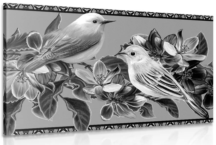 Stampa su tela – Uccellini e fiori in bianco e nero in versione vintage