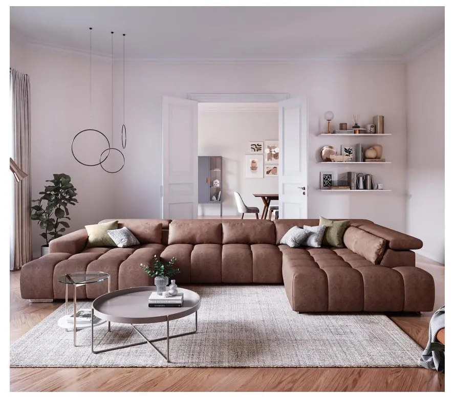 Divano angolare a U TROPEA con poggiatesta, lato destro, marrone