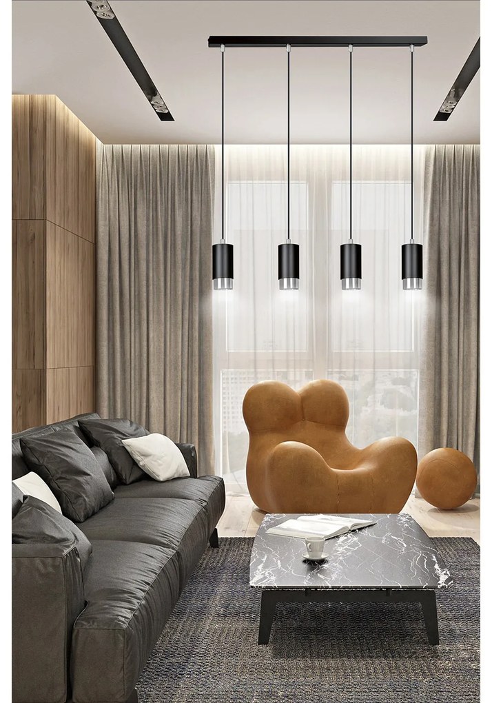 Lampadario 4 Luci Ivar Con Cilindri In Acciaio Nero E Cromo