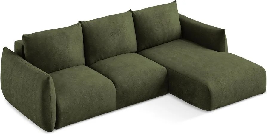 Divano angolare verde allungabile (con penisola a destra/con chaise lounge) con rivestimento in ciniglia Leila – Makamii