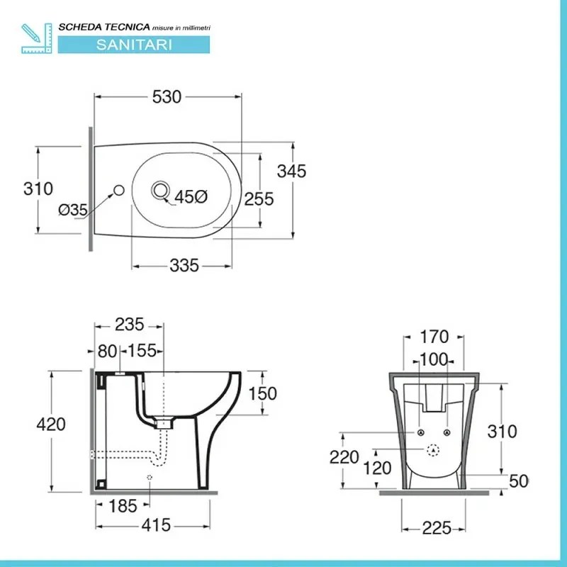 Sanitari filo muro traslati rimless Azzurra Pratica con sedile rallentato