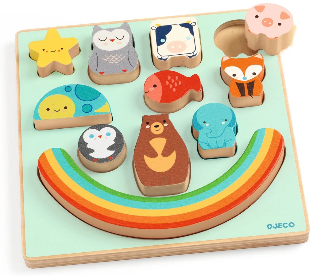 Puzzle in legno da assemblare e gioco di equilibrio - Animali e arcobaleno