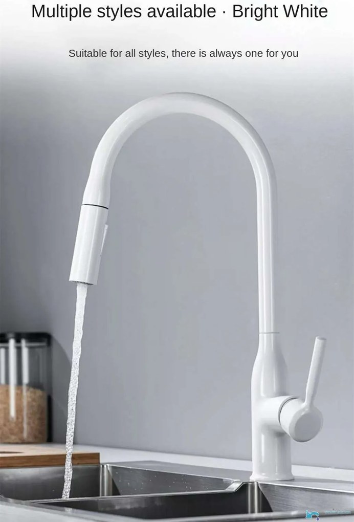 Rubinetto da cucina EYN KS15174 da piano con doccetta estraibile multigetto, bocca girevole e più finiture — Bianco