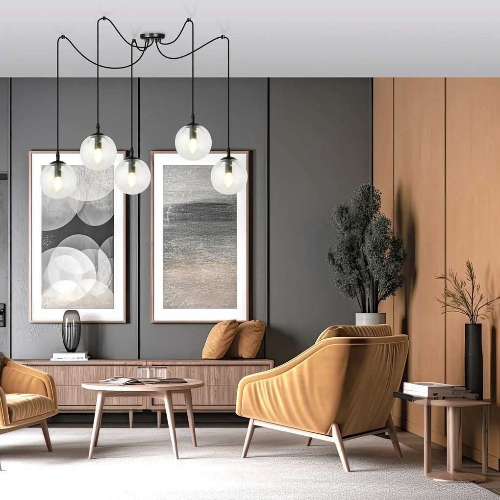 Lampadario 5 Luci Ginevra In Acciaio Nero Con Cavo Lungo E Vetri Trasparente