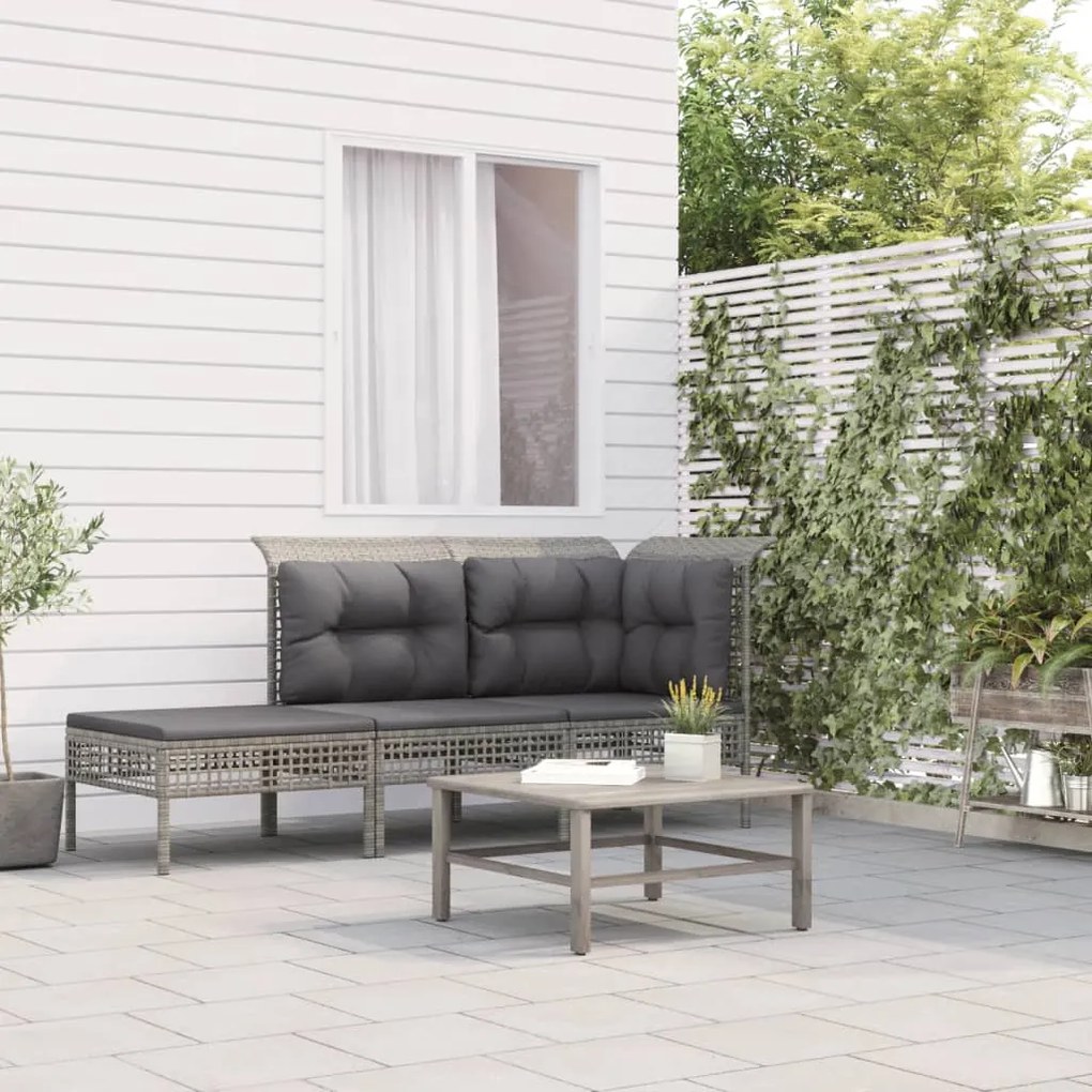 Set divani da giardino 3 pz con cuscini in polyrattan grigio