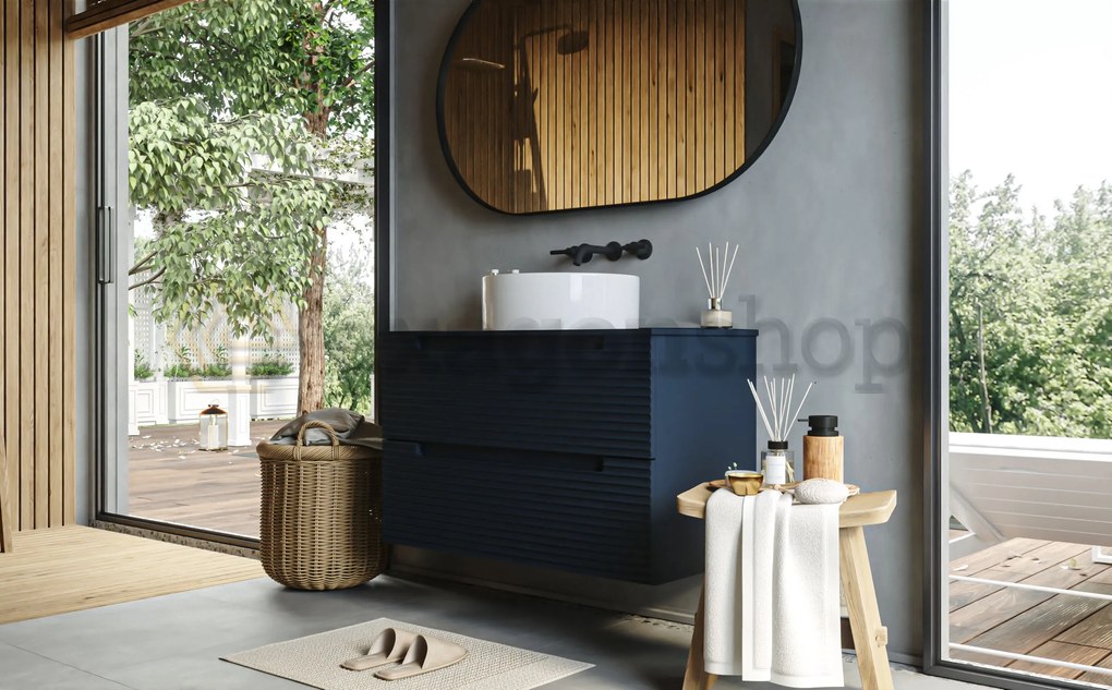 Mobile bagno blu notte 100x45 Mango due cassetti soft close con lavabo tondo da appoggio in ceramica lucida