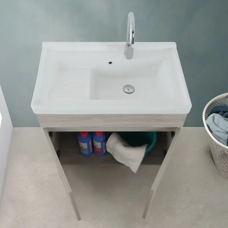 Mobile lavatoio 79x46,8 cm rovere grigio con vasca in ceramica bianca