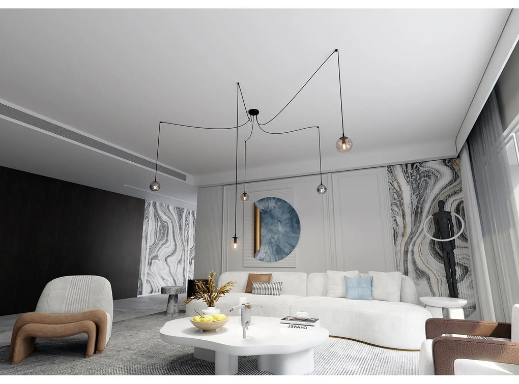 Lampadario 5 Luci Ginevra In Acciaio Nero Con Cavo Lungo E Vetri Multicolor