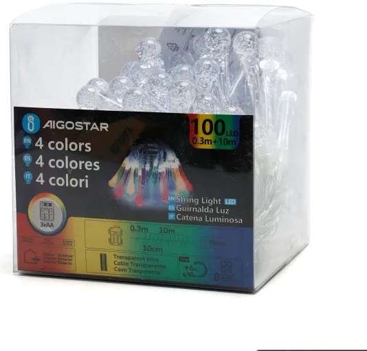 Aigostar - Catena luminosa natalizia da esterno a LED RGBY 100 LED/8 funzioni 3xAA 10m IP44 gocce