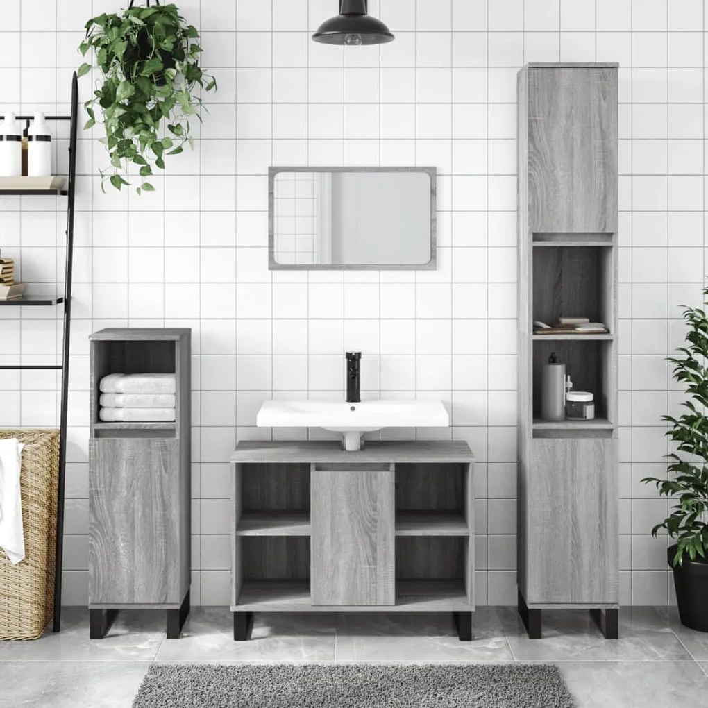 Set mobili da bagno 3 pz grigio sonoma in legno multistrato