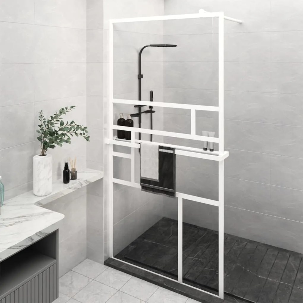 Parete Doccia Con Mensola Bianco 115x195cm Vetro Esg E Alluminio /