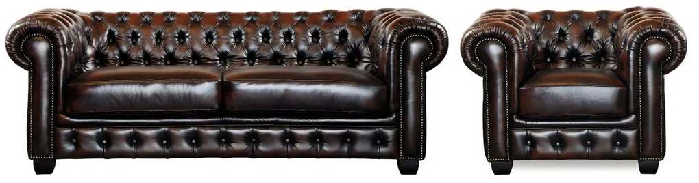 Divano Chesterfield a 3+1 posti 100% cuoio di bufalo Marrone con riflessi castani - BRENTON