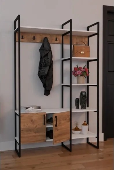 Mobile Ingresso Industrial 120x34x180 Con Scarpiera Appendiabiti E Ripiani Yago Rovere E Bianco