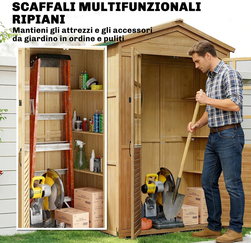 Armadio da Giardino Box Porta Attrezzi 128x57,5x197 cm con Finestre Trasparenti in Legno Marrone Chiaro...