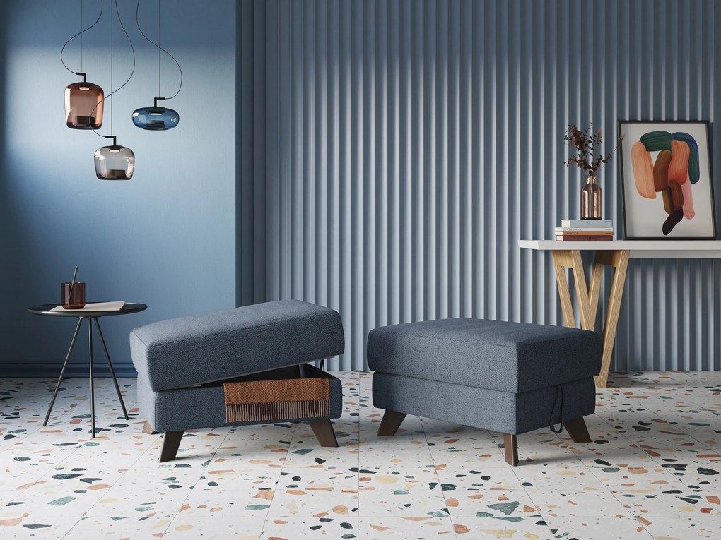 Moon Pouf contenitore e piedini alti in tessuto morbido impermeabile fiammato T03 blu