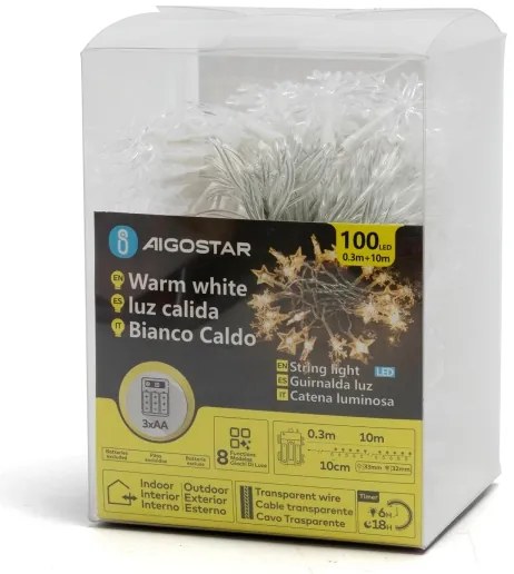 Aigostar - Catena luminosa LED natalizia da esterno, 25 LED, 8 funzioni, 3×AA, 2,5 m, IP44, bianco caldo, a forma di stelle