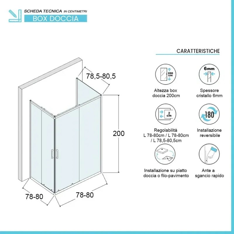 Box doccia tre lati 80x80x80 cm con doppio scorrevole serigrafato H 200 cm - Ted