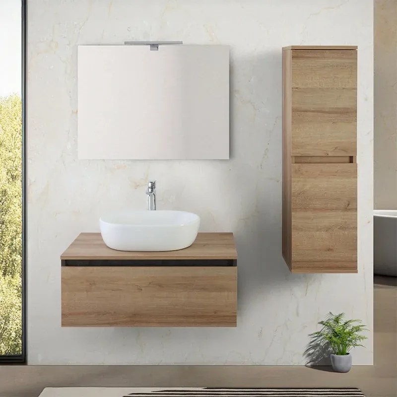 Mobile bagno sospeso 80 cm ossido e rovere con lavabo e specchio Kleo