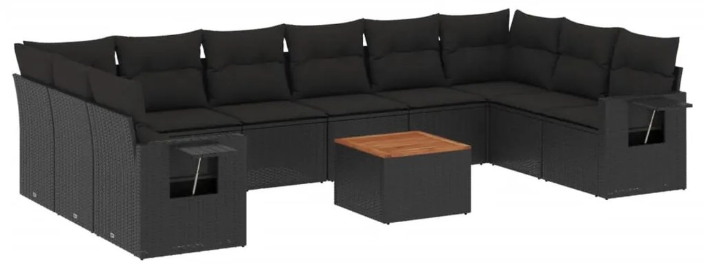 Set divani da giardino 11 pz con cuscini in polyrattan nero